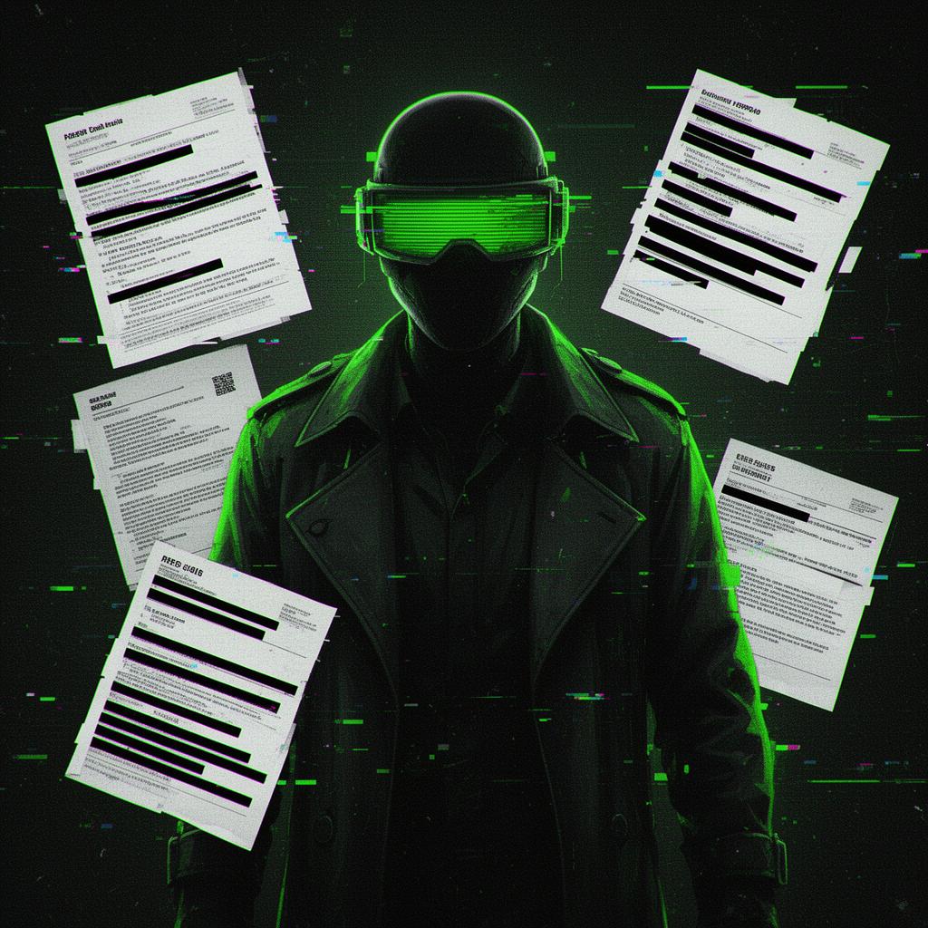 Paranoid humanoid analyst surrounded by redacted files